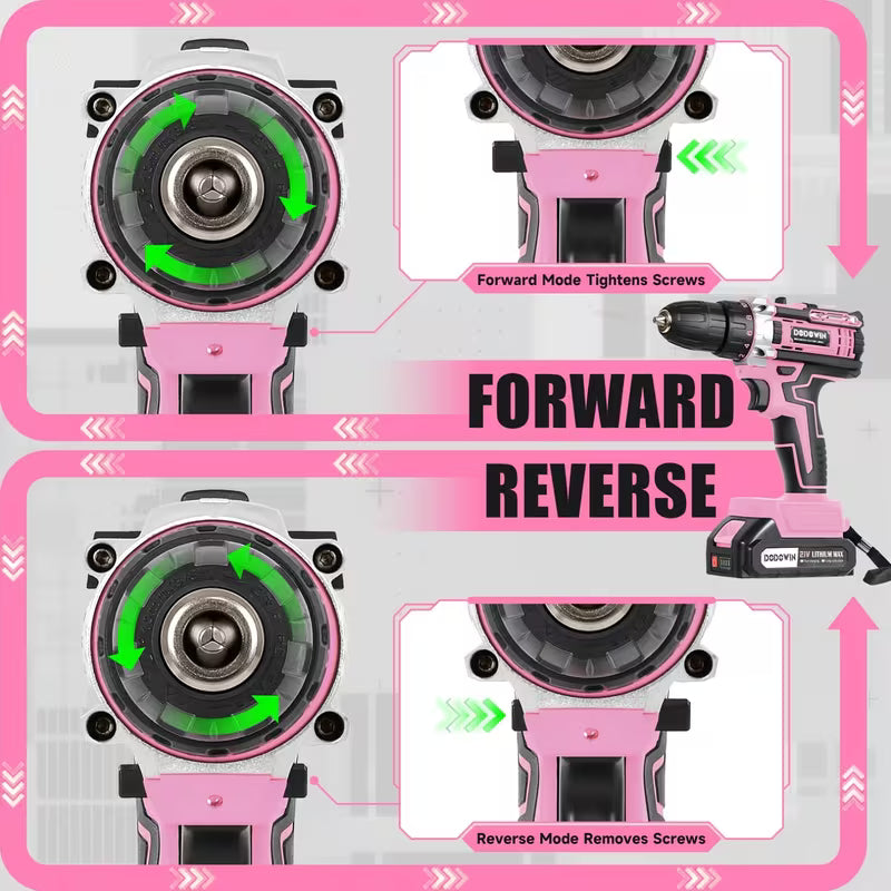21V Pink Cordless Drill Set, Brushless Electric Drill Driver Kit with 1/2 Batteries And Charger