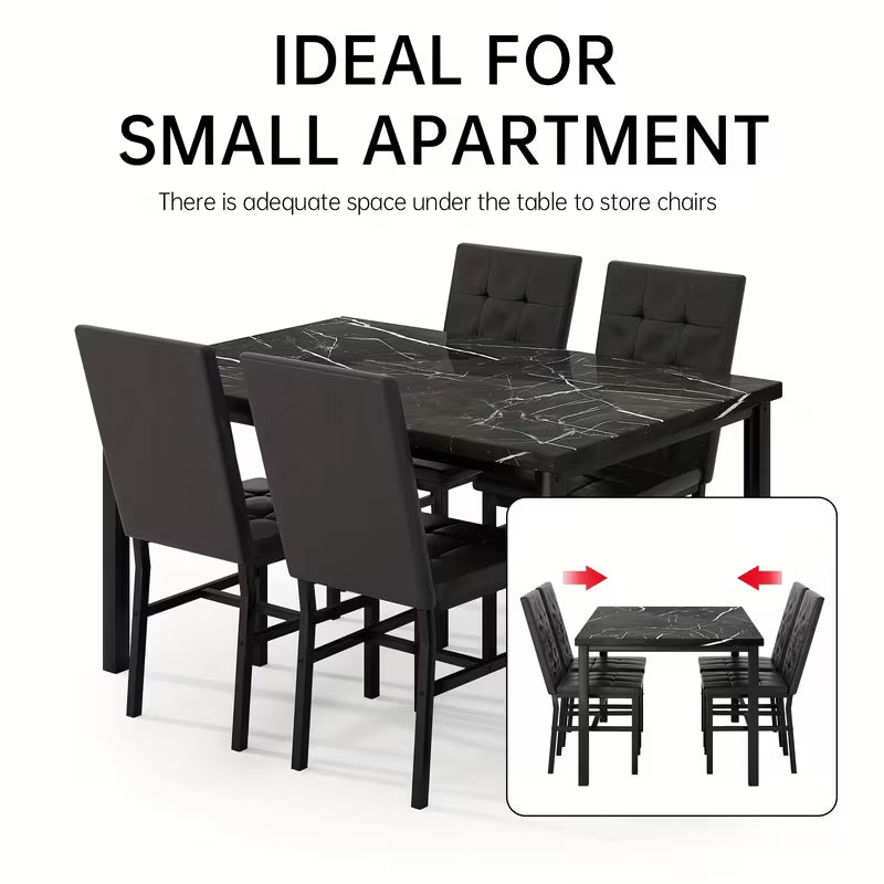 Modern 5pcs Faux Marble Dining Table Set with Upholstered PU Leather Chairs