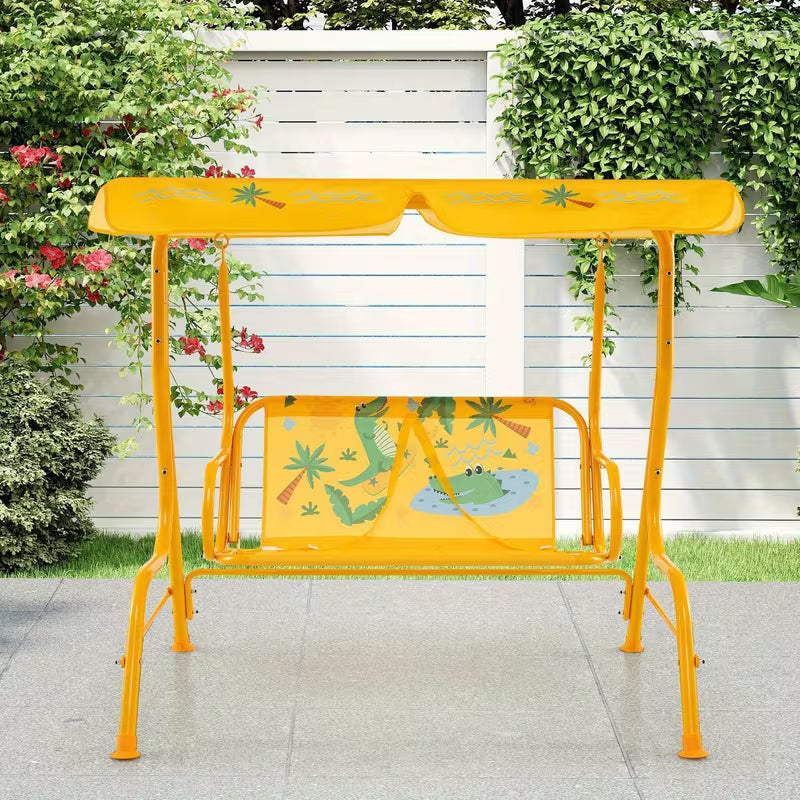 COSTWASY Kids Patio Swing, 2-Seater Swing Chair w/Metal Stand & Adjustable Canopy