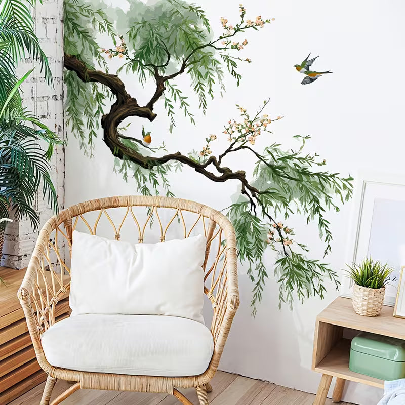 1pc Elegant Weeping Willow Wall Sticker - Minimalist Chinese Style Branch and Bird Theme