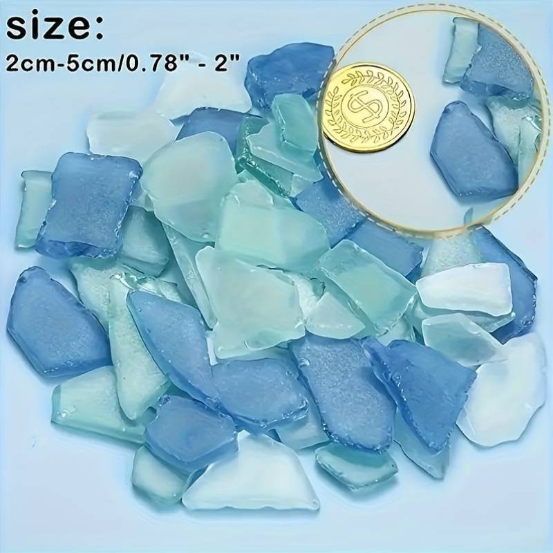 Sea Blue Glass Shards, Handmade Ornaments, Light Frosted Vase with Glass Inlay, Beach Style