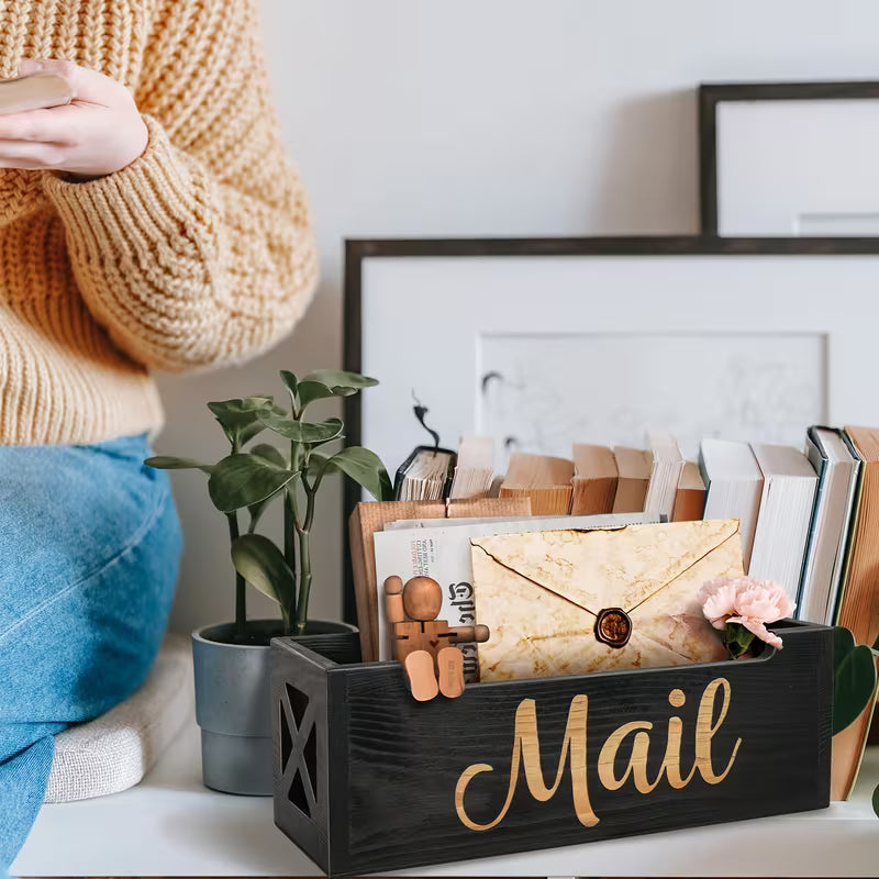 Wooden Mail Holder Storage Organizer Box Rustic Brown Wood with MAIL Script Design, Desktop