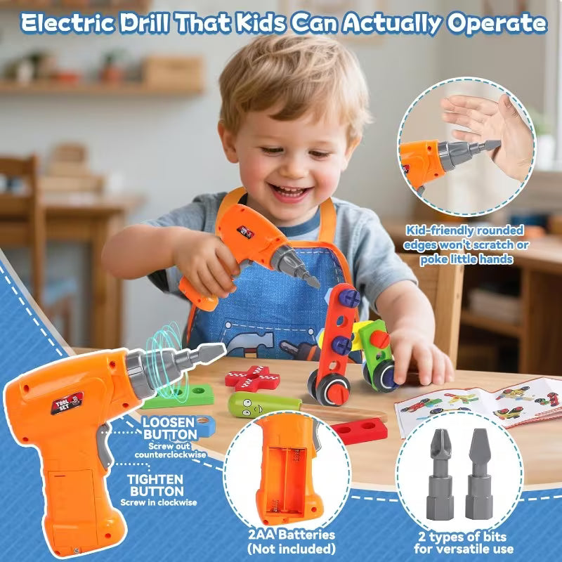 44-Piece Wooden Kids Tool Set with Electric Drill