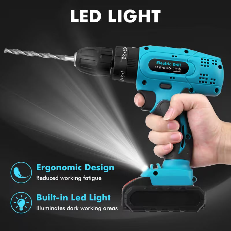 Cordless Drill Driver, 21V Electric Drill Screwdriver Kit with 25+3 Torque