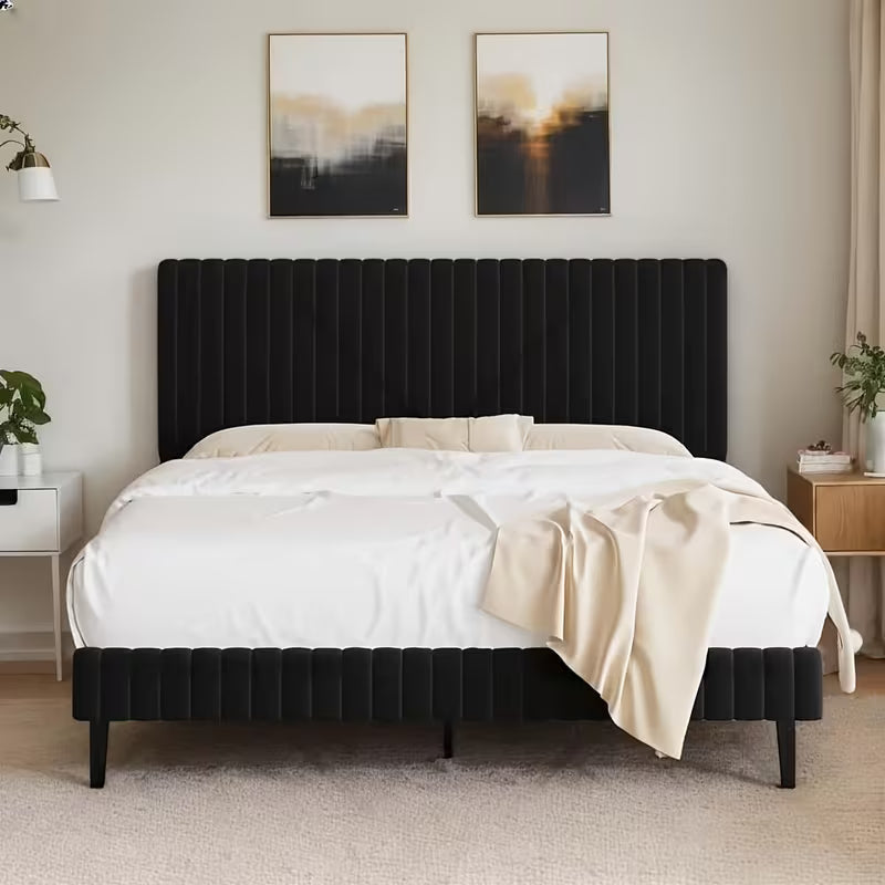 Twin Full Queen King Size Bed Frame, Velvet Upholstered Platform Bed With Vertical Channel Tufted