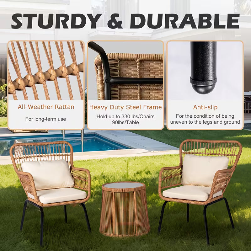 3pcs Boho Outdoor Small Patio Furniture Chair Set With Beige Cushion And Round Glass Table Side