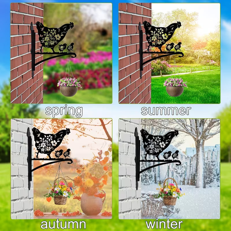 Wrought Iron Floral Hollow Hen And Chick Decorative Hanging Rack, Outdoor Garden Wall-Mounted