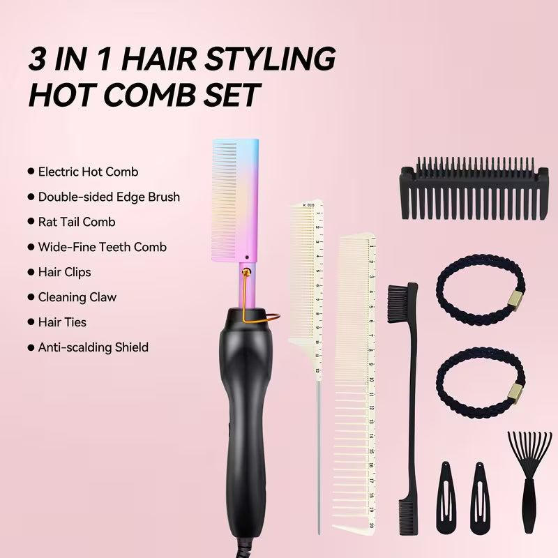 Hot Comb Electric Press Comb Hair Straightener Pressing, Iron, Black