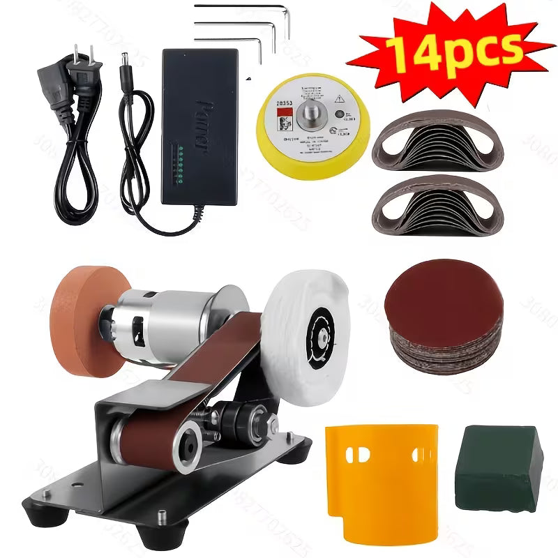 14/107pcs Set of Three-In-One Mini Belt Sander- 15-Degree Blade Grinder, Electric Bench Grinder