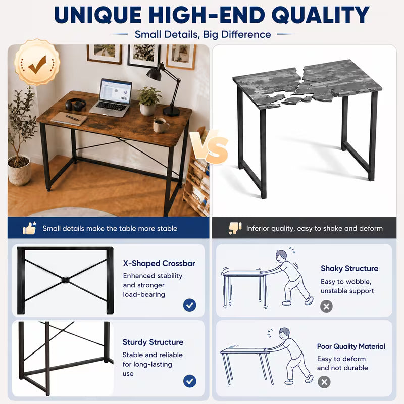Collapsible Folding Desk, Rustic Brown Computer Table, Heavy Duty Steel, Brown