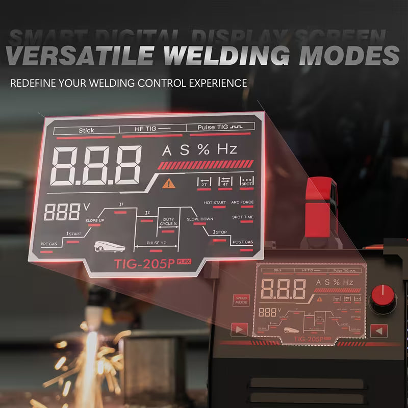205Amp TIG Welder with Pulse, Large LED Display, 3-in-1 Stick/DC TIG/Pulse TIG