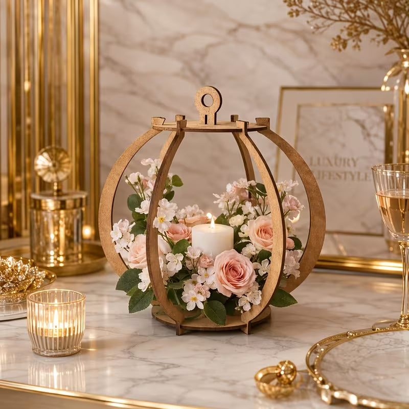 Vintage Laser-Cut Wooden Lantern Candle Holder with Gentle Pink Rose Artificial Floral Arrangement