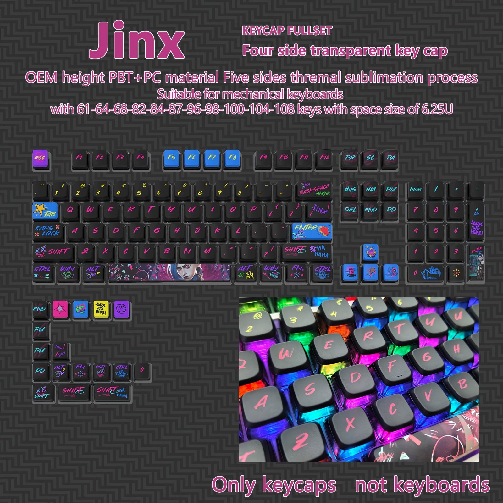 OEM height keycaps, PBT+PC material, Pudding four-sided translucent colored thermal