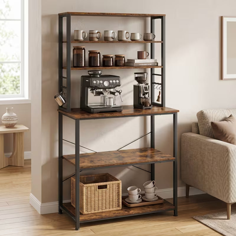 Multipurpose Baker'S Rack Display Table, 6-Tier Kitchen Coffee Bar Storage Shelf with 6 Hooks