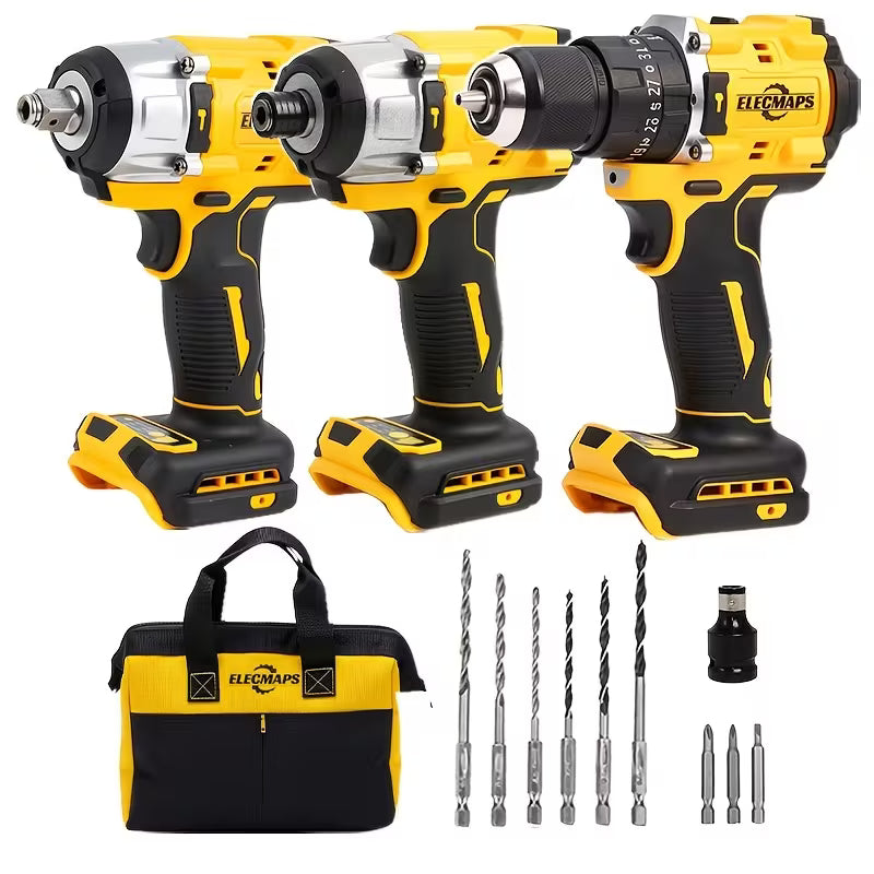 Upgraded 20V Brushless Compact Power Tool Combo Kit, Cordless Drill, Impact Driver & Impact Wrench