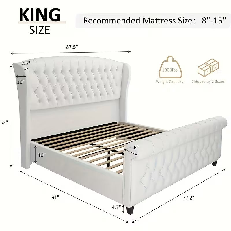 Chenille Upholstered Platform Bed Frame with Scroll Wingback Headboard And Footboard