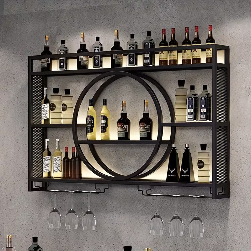 Bottle Rack with LED Lighting, Wall Mounted Glass Holder, 3-Tier Drink Storage Shelf