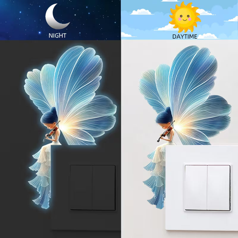 1pc Glow-In-The-Dark Violin Fairy Wall Sticker, Luminous Blue-Winged Violin Fairy