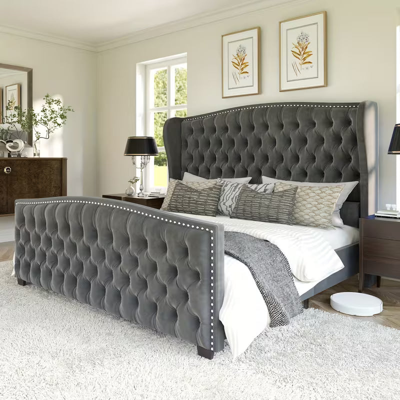 Platform Bed Frame, Velvet Upholstered Bed with Deep Button Tufted & Nailhead Trim Wingback