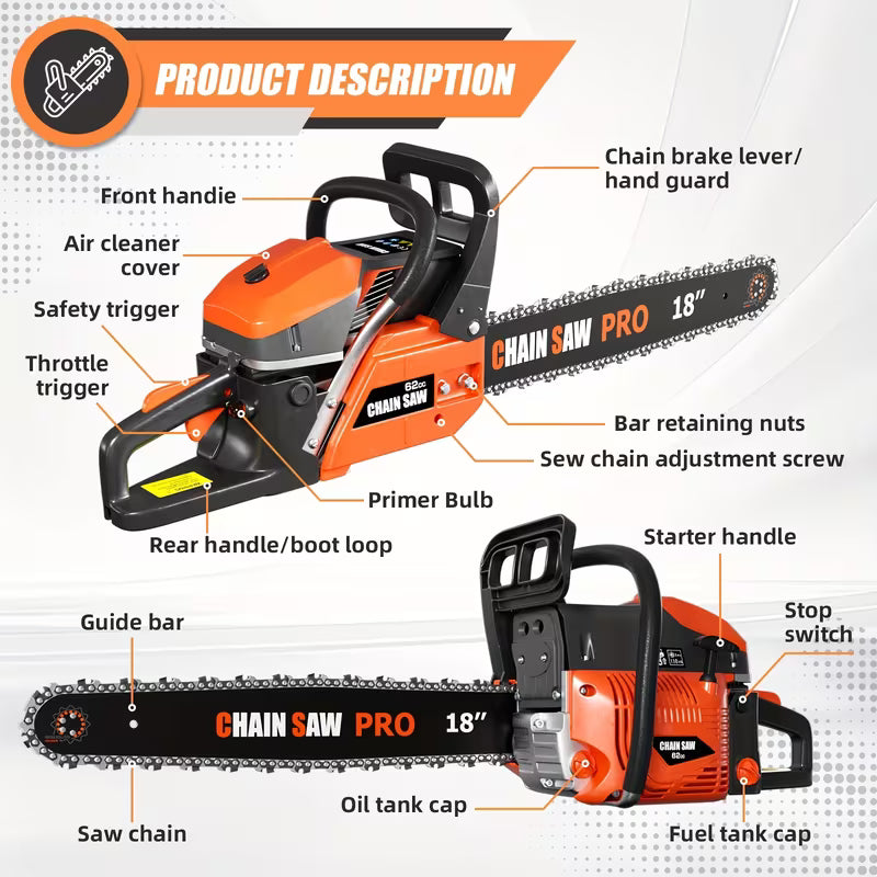 62CC Professional Chainsaw with 20 Inch, 22 Inch, 18 Inch, And 24 Inch Options