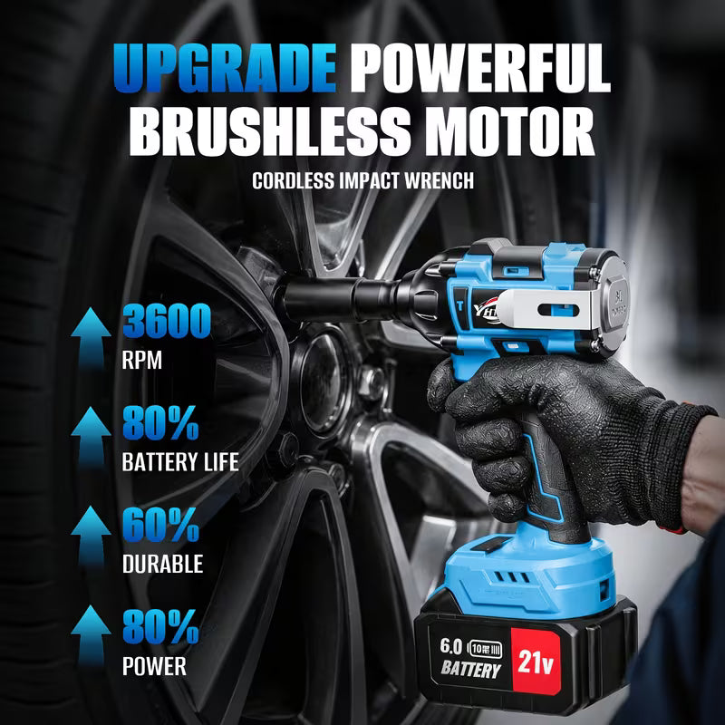 21V Brushless Cordless Impact Wrench, 590ft High Torque, Upgraded 6000mAh Battery