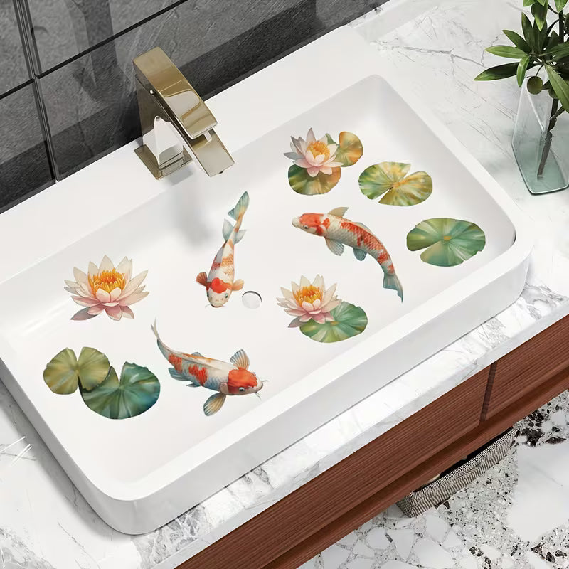 1/2pcs Red Koi Fish Lotus Leaf Pattern Red Self-Adhesive Bathroom Toilet Decor Stickers