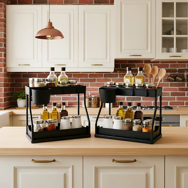 2pcs Double Layer Storage Basket, Multi-Purpose Under Sink Organizer Rack