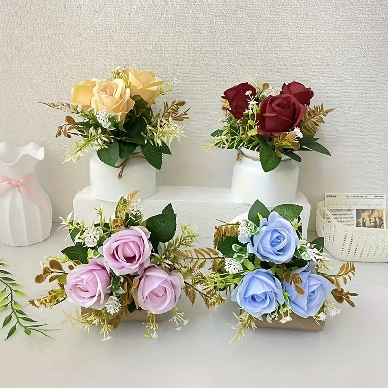 Artificial Rose Potted Plant, Faux Rose Bonsai, Plastic, Plastic