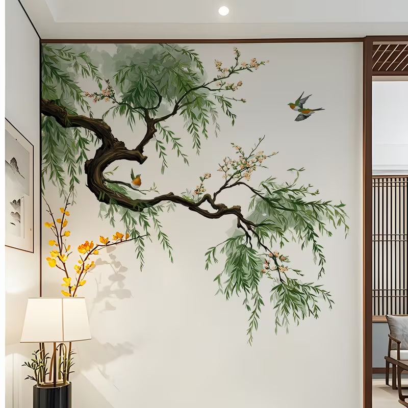 Elegant Weeping Willow Wall Sticker - Minimalist Chinese Set