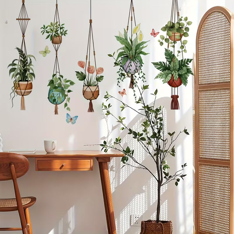 1pc DIY Green Hanging Potted Wall Stickers Plant Vine Wall Decals Peel and Stick Leaves Boho Wall