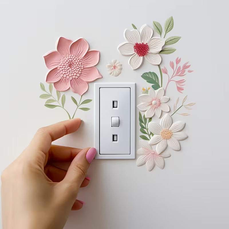 2D Flat Relief Pink White Floral Switch Wall Set, White