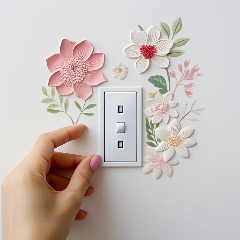 1pc 2D Flat Relief Pink White Floral Switch Wall Sticker, Retro Soft-Colored Flower Leaf