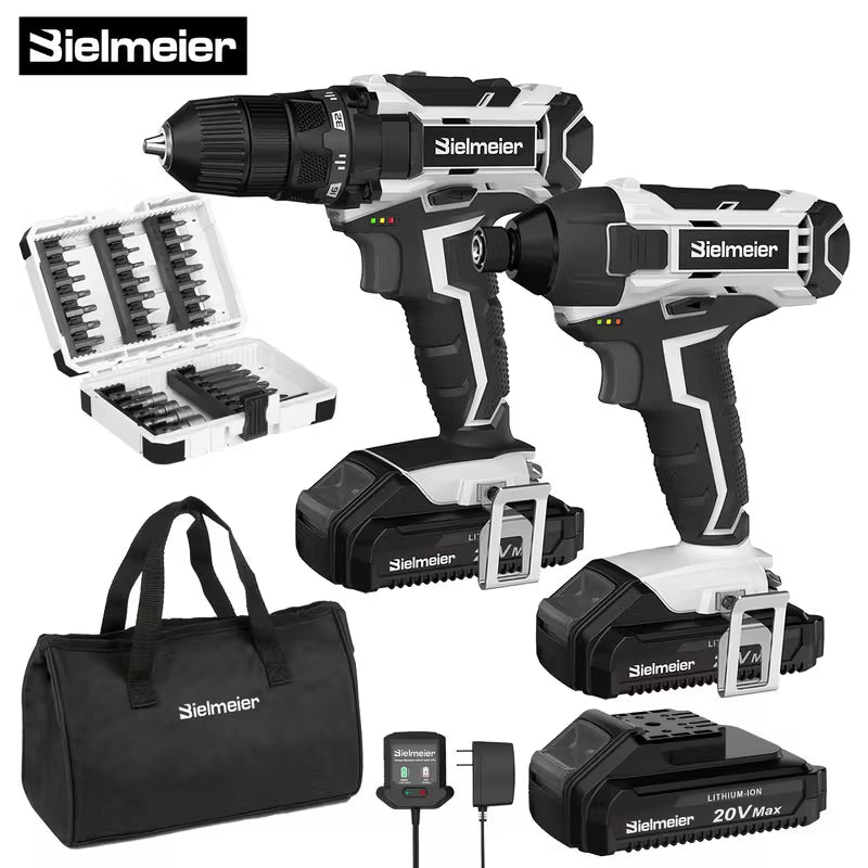 Bielmeier 20V 3/8" Drill & 1/4" Impact Driver Combo Kit, 3200RPM Driving Speed
