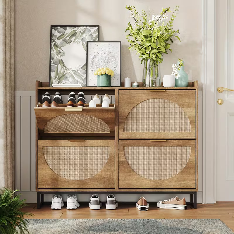 Rustic Oak Rattan Shoe Storage Cabinet, 2/3/4 Flip Drawers Freestanding Narrow Shoe Organizer