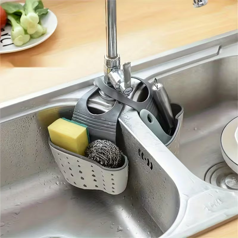 Adjustable Hanging Sink Organizer Basket • Space-Saving Sponge, Brush And Cleaning Tool Drain