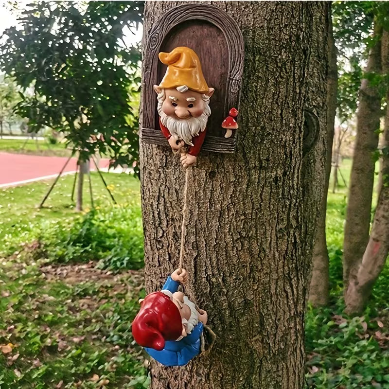 Whimsical Gnome Climbing Statues Set, Resin
