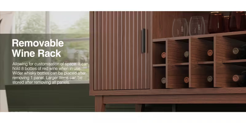 Modern Walnut Fluted Buffet Cabinet with Wine Rack, Cup Holder & Built-in Outlet