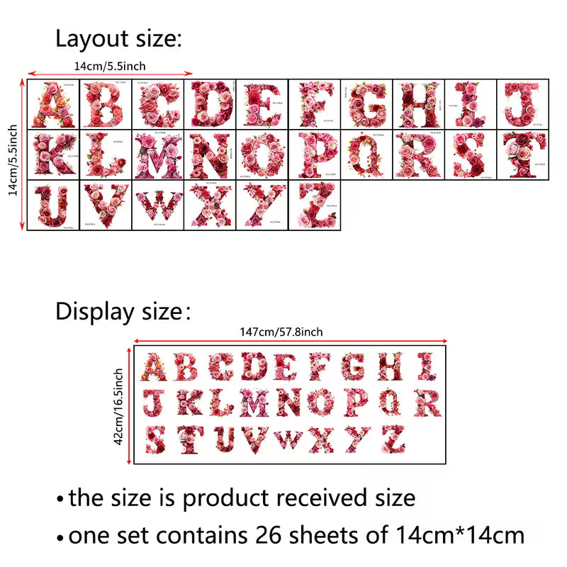 Valentine'S Day Rose Wall Stickers Featuring The 26 Letters of The English Alphabet. Self-Adhesive