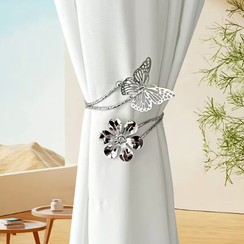 2pcs Modern Golden & Silvery Butterfly & Floral Metal Curtain Ties