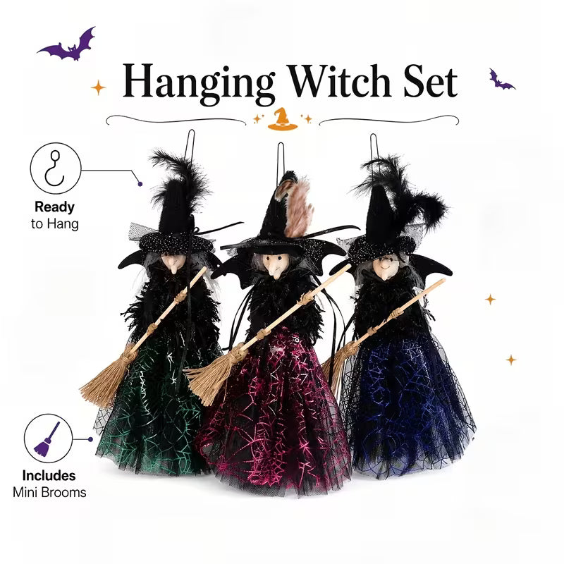 3pcs Gothic Witch Ornament with Faux Feather Hat & Shimmering Spiderweb Dress