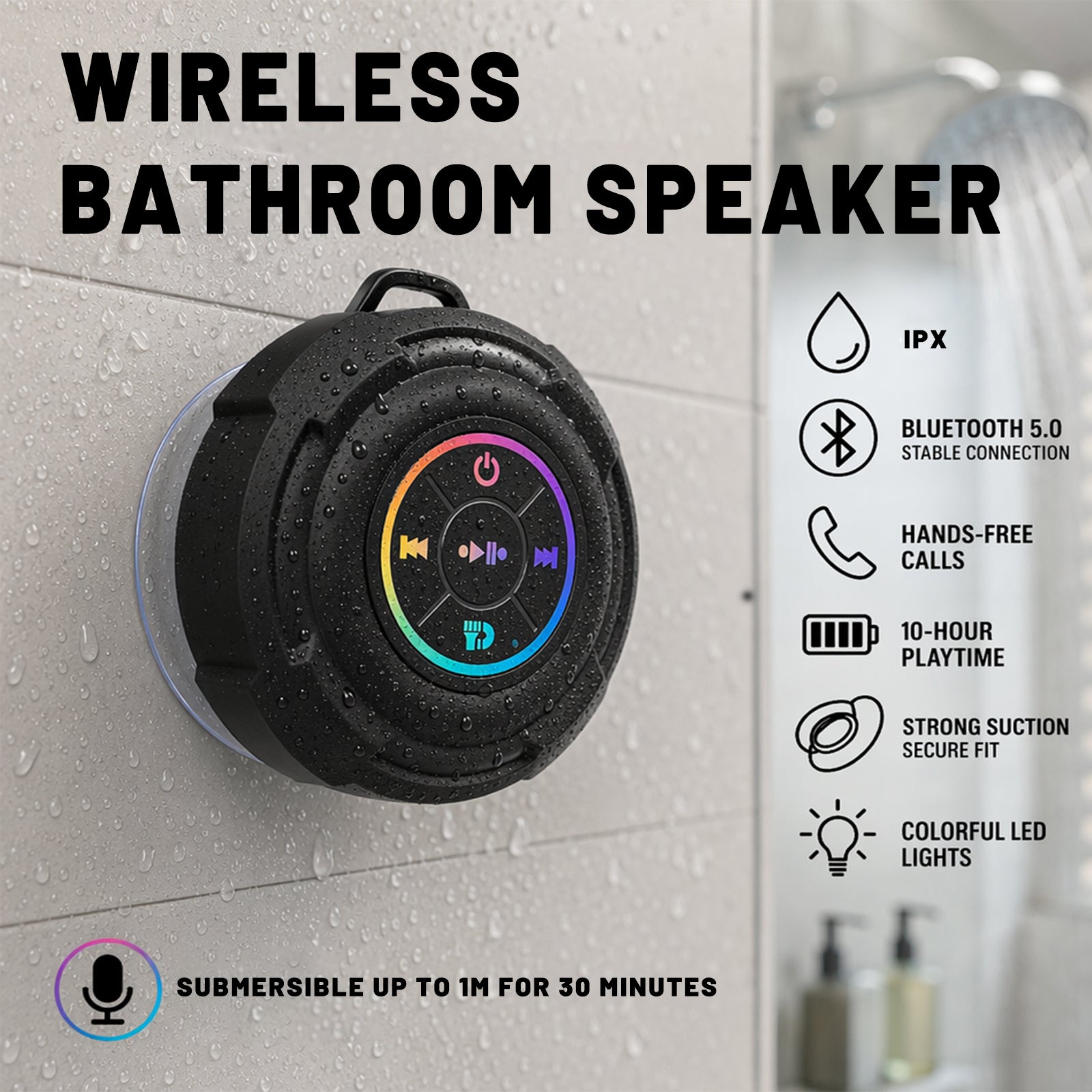 Wireless Wireless Speaker with Suction Cup Mount, RGB Lights