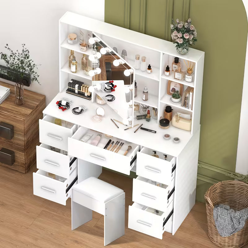 Vanity Desk Dressing Table Makeup Dressing Table Set with LED Illuminated Mirror, 7 Drawers