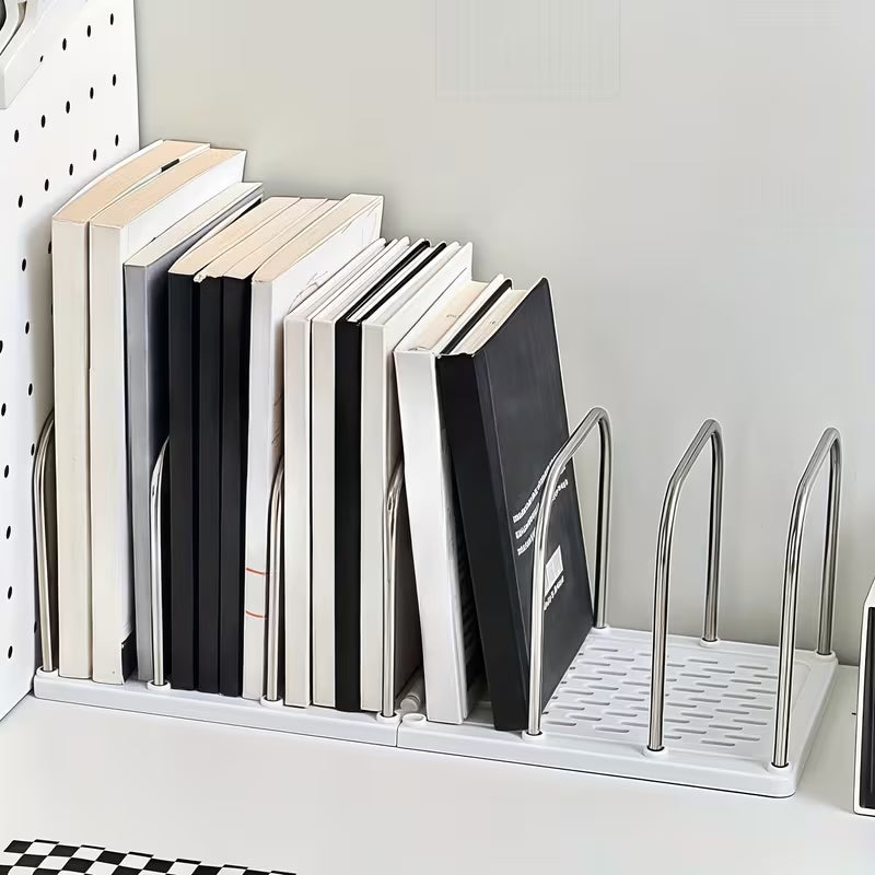 1pc Stainless Steel + PP Material Desktop Bookshelf | Non-Slip Base with Adjustable Divided