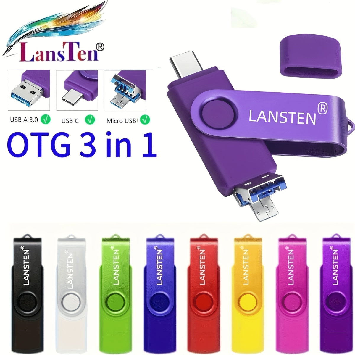 Lansten 64GB USB 3.0 Flash Drive USB/Mirco/Type-C Memory Stick 3-in-1