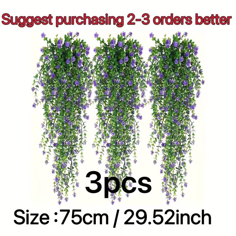 3pcs Artificial Hanging Vines with Purple Flowers & Green Leaves - Durable Plastic