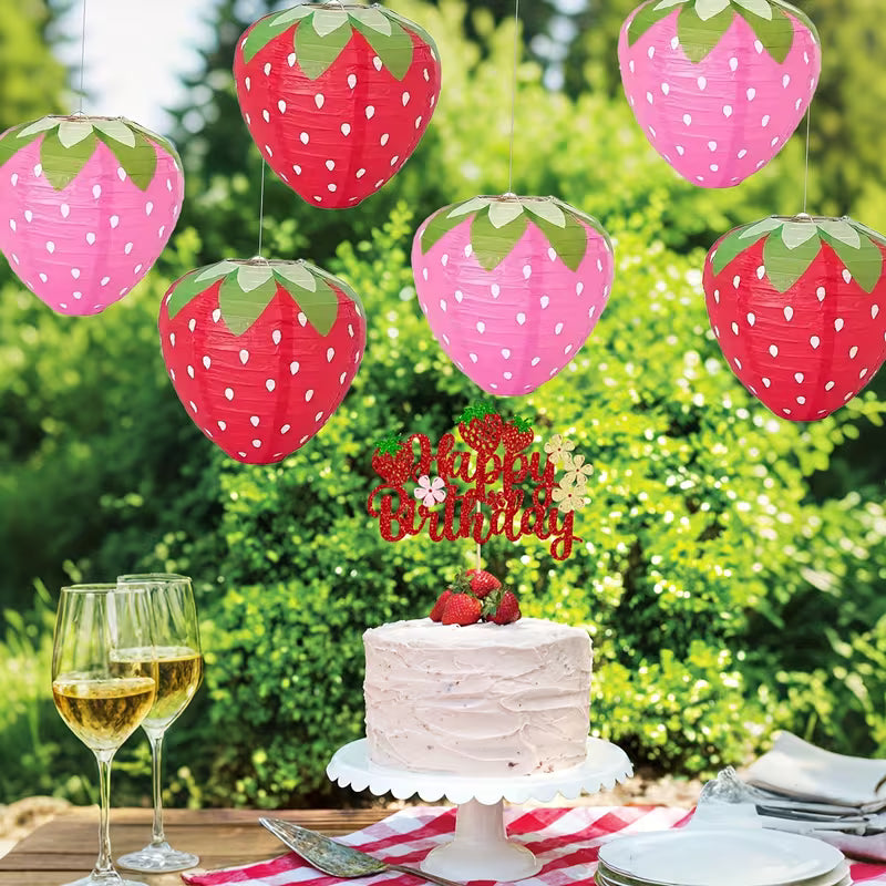 3pcs Strawberry Paper Lanterns, Festive Pink and Red Hanging Decorations