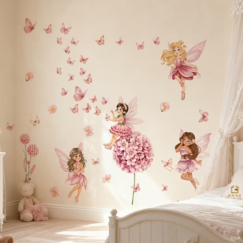 1set Pink Floral Fairy Butterfly Wall Sticker, Removable, Pvc, Pink