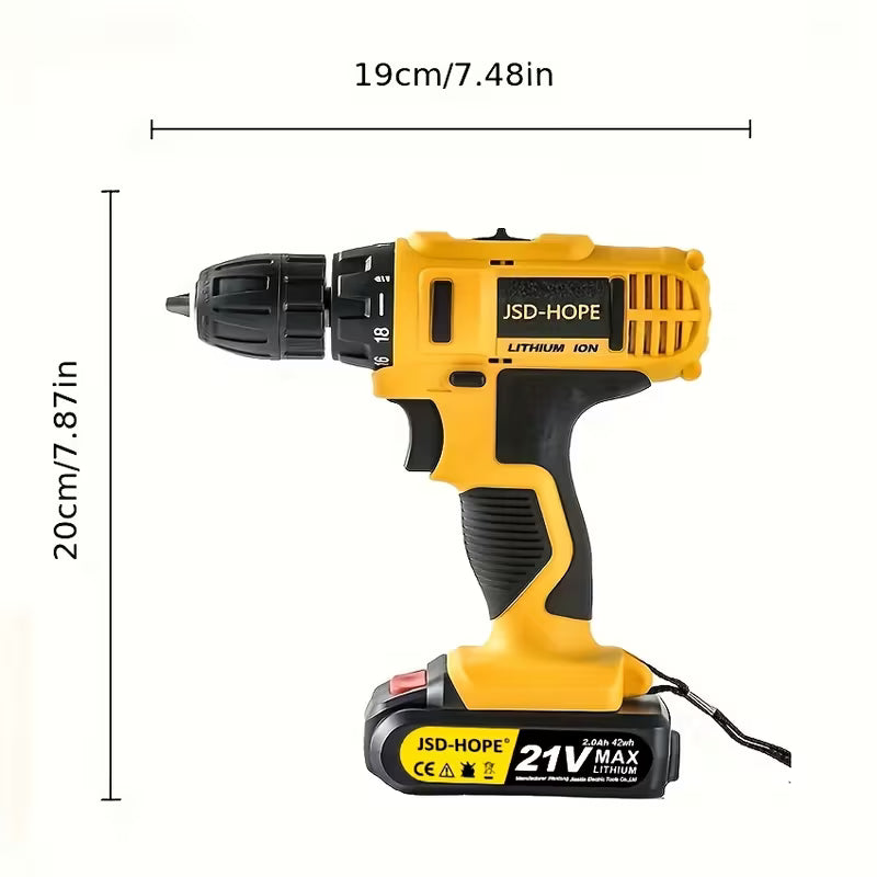 21V Yellow Cordless Impact Drill, 2.0Ah Large Capacity, Yellow
