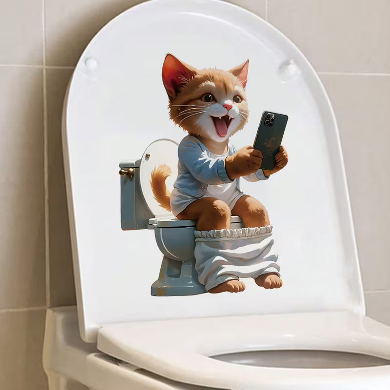 Funny Cat Selfie Toilet Sticker, Cute Cartoon Cat Bathroom Wall Decal, Kids Room Decor