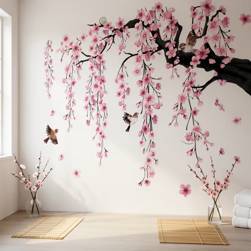 Creative Pink Peach Blossom Tree Bird Falling Flower Bathtub Stickers Set, Pink